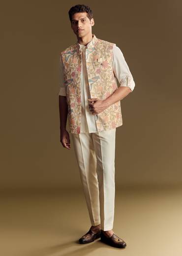 White Linen Jacket And Shirt Accentuated With Kantha Embroidery