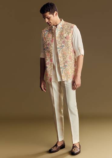 White Linen Jacket And Shirt Accentuated With Kantha Embroidery