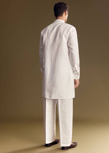 White Linen Kurta Set With Thread Embroidery