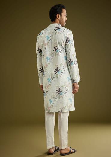 White Linen Zipper Kurta Set With Abstract Leaf Motifs