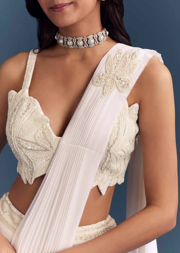 White Lycra Ready Pleated Saree With Intricate Hand Embroidery
