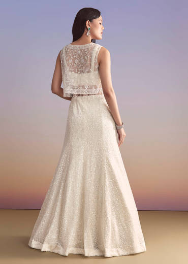 White Net Bridesmaid Lehenga With Sequins Work And Embellished Jacket