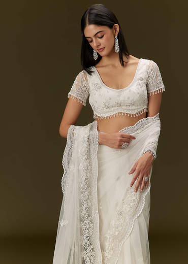 White Net Saree With All Over Embroidery