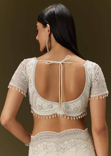 White Net Saree With All Over Embroidery