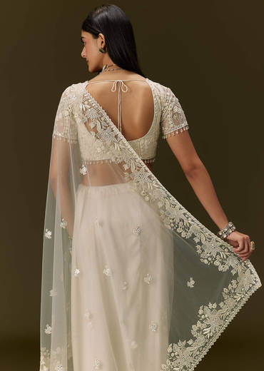 White Net Saree With All Over Heavy Embroidery