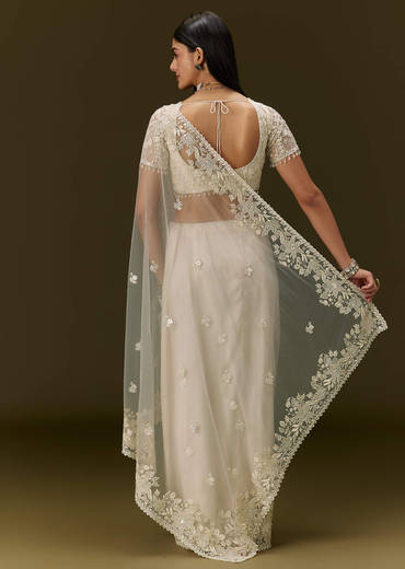 White Net Saree With All Over Heavy Embroidery