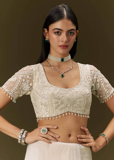 White Net Saree With All Over Heavy Embroidery