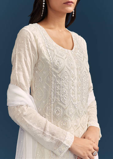 White Pakistani Sharara Suit With Sequin Details And Dupatta