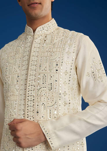 White Rawsilk Jacket Kurta Set With Resham And Mirror Work