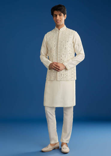 White Rawsilk Jacket Kurta Set With Resham And Mirror Work
