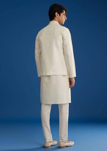 White Rawsilk Jacket Kurta Set With Resham And Mirror Work