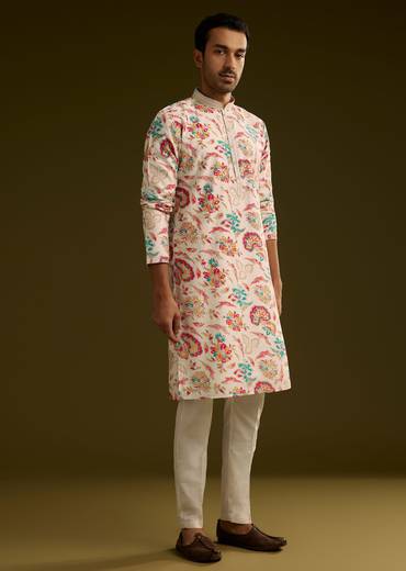 White Silk Surreal Nature Motif Kurta Set