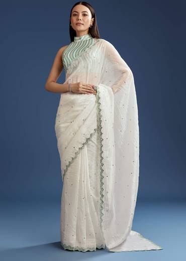 White Tissue Saree With Contrast Border