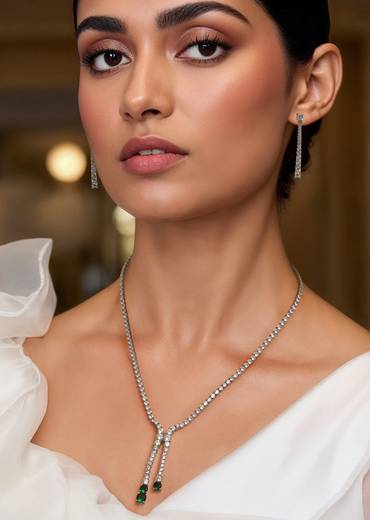 White Zircon Tassel Pendant Necklace and Earring Set