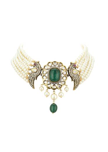 White Gold-Finish Kundan Choker Set With Pearls And Faux Diamonds In Mix Metal