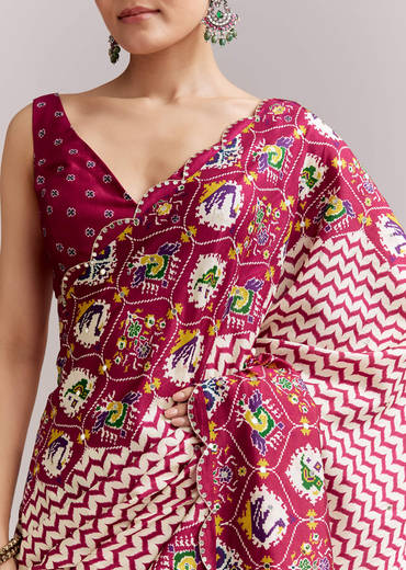 Wine And Off White Satin Saree With Ikat-Style Floral Birds Border