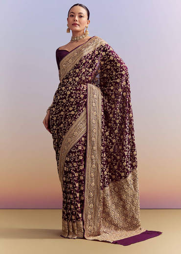 Wine Banarasi Silk Saree With Heavy Zari And Jaal Work
