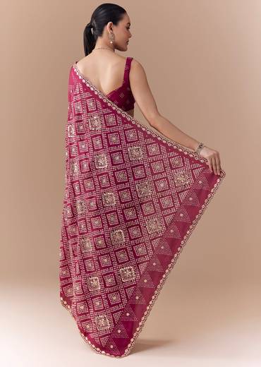 Wine Crepe Bandhani Print Saree with Blouse Fabric