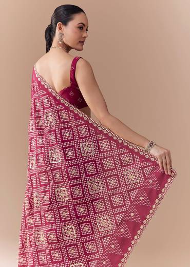 Wine Crepe Bandhani Print Saree with Blouse Fabric
