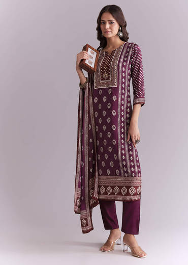 Wine Crepe Kurta Set With Indie Print And Moti Work