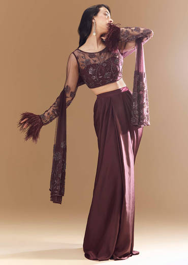 Wine Crop Top Skirt Set with Dupatta