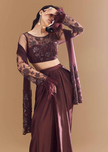 Wine Crop Top Skirt Set with Dupatta