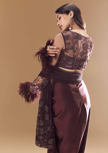 Wine Crop Top Skirt Set with Dupatta