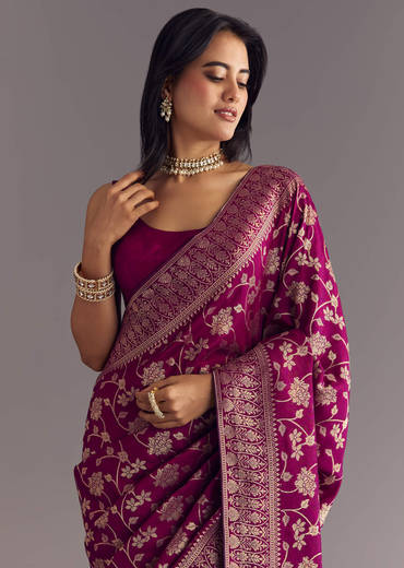 Wine Dola Silk Saree With Zari Jaal And Border Work