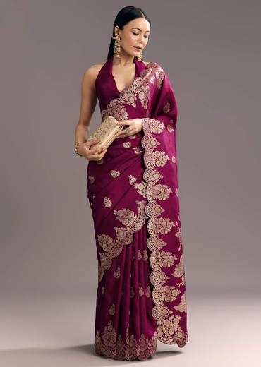 Wine Dola Silk Woven Motif Saree With Scallop Border