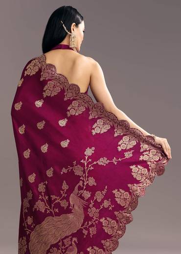 Wine Dola Silk Woven Motif Saree With Scallop Border