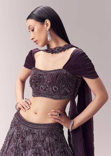 Wine Embellished Lehenga and Choker Dupatta Blouse