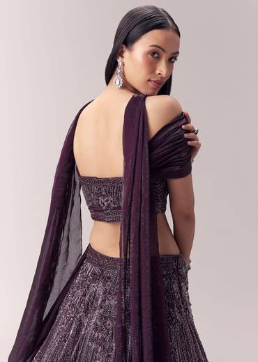 Wine Embellished Lehenga and Choker Dupatta Blouse