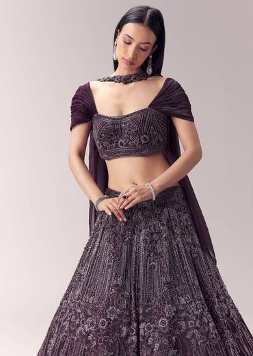 Wine Embellished Lehenga and Choker Dupatta Blouse
