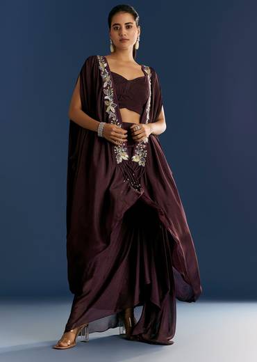 Wine Georgette Pintuck Croptop And Fancy Skirt With Embroidered Cape