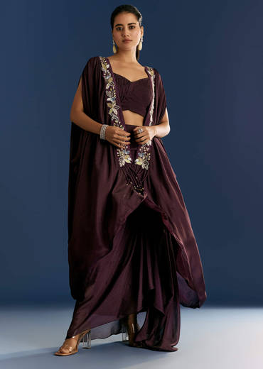 Wine Georgette Pintuck Croptop And Fancy Skirt With Embroidered Cape