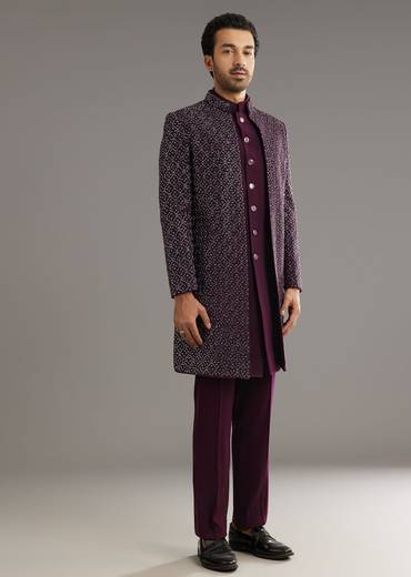 Wine Indo Western Set With Embellished Salli And Diamond Work