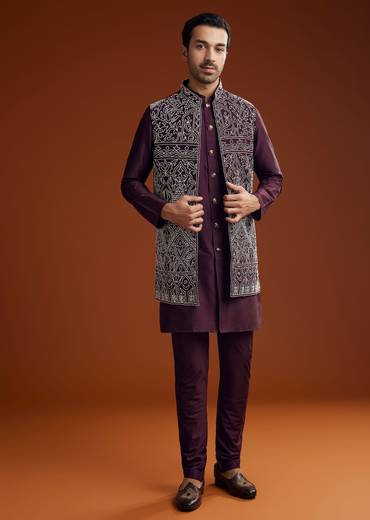 Wine Jacket Kurta Set With Thread Resham Embroidery