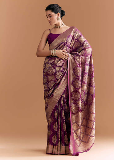 Wine Khadhi Georgette Saree With Geometric Motifs In Zari Work