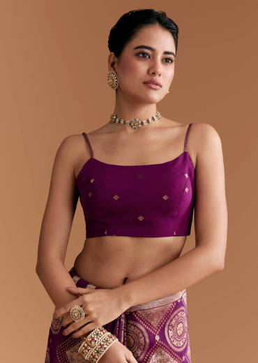 Wine Khadhi Georgette Saree With Geometric Motifs In Zari Work