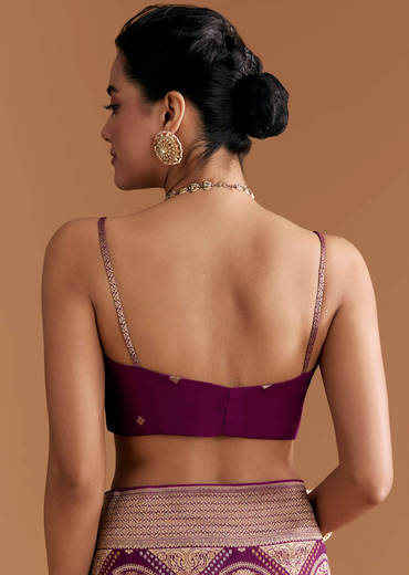 Wine Khadhi Georgette Saree With Geometric Motifs In Zari Work