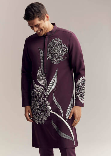 Wine Kurta Set For Men With Floral Print And Beads Work On Suiting Fabric