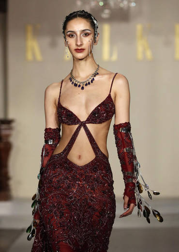 Wine Net Bridal Gown With Bead And Cutdana Embroidery