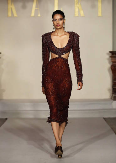 Wine Net Bridal Gown With Hand Embroidery