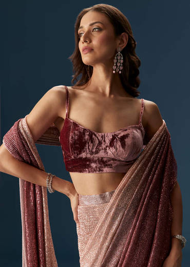 Wine Ombre Pre Pleated Saree With Sequins And Velvet Blouse