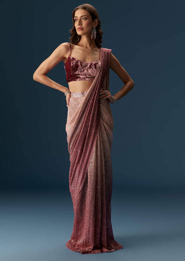 Wine Ombre Pre Pleated Saree With Sequins And Velvet Blouse