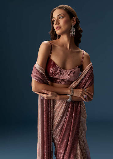 Wine Ombre Pre Pleated Saree With Sequins And Velvet Blouse