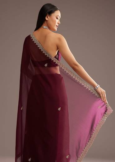 Wine Organza Saree With Cutdana And Sequins Border