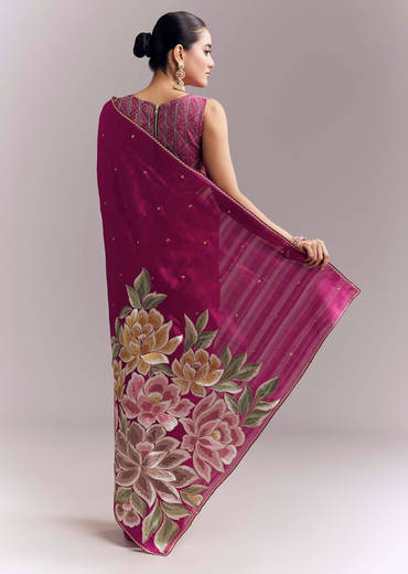 Wine Organza Silk Saree With Floral Thread Embroidery And Cutwork