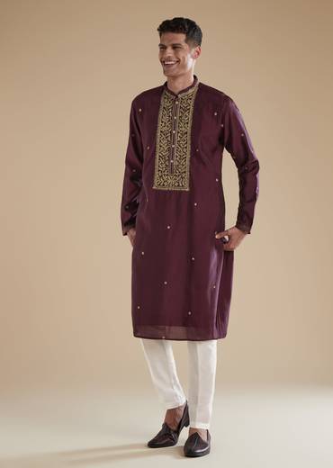 Wine Red Silk Kurta Set With Thread Resham Work