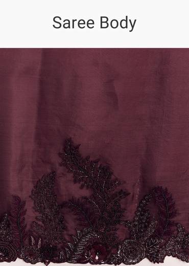 Wine Satin Saree With Heavy Floral Embroidery In Sequins And Cutdana